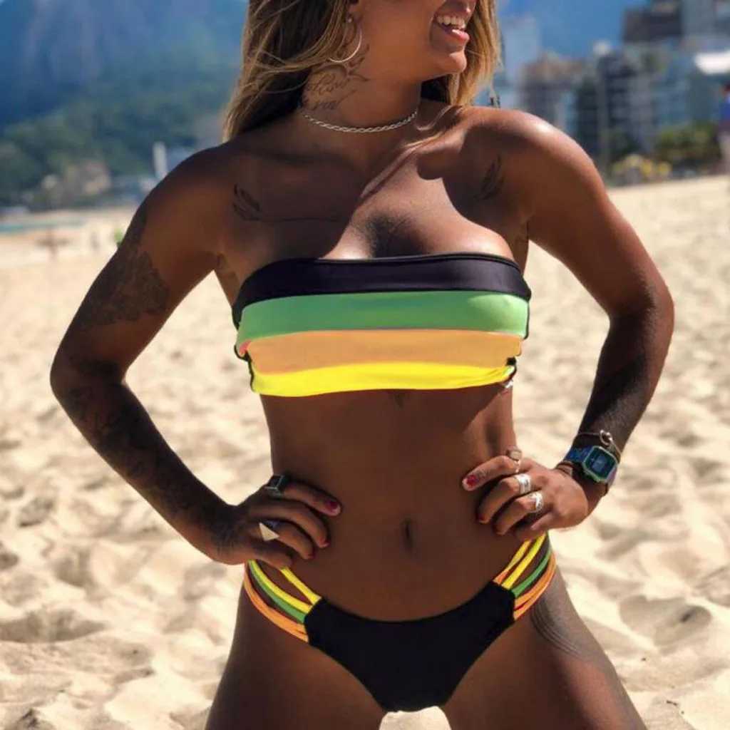 Strapless Bikini Sets Women Swimwear Push-Up Padded Bra Bathing Beachwear Female Colored Stripes Bikini Set Bathing Suit 2024 XJ250624