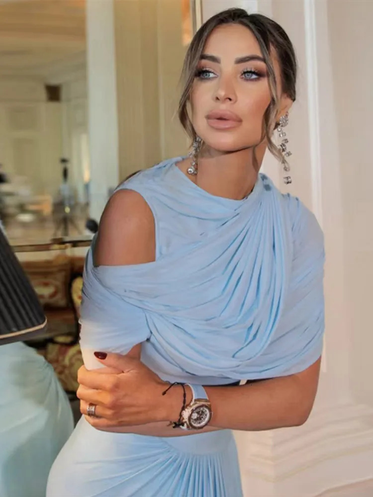 Shawl Long Dress Women Elegant Asymmetrical Chiffon Pleated Slim Waist Maxi Dresses Summer Female Evening Party Prom Gown 250704