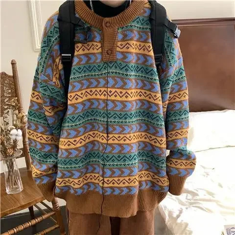 Autumn Ethnic Style Knitted Sweater Vintage Round Neck Loose Fit Old Fashioned Feeling Pullover Sweater 250704