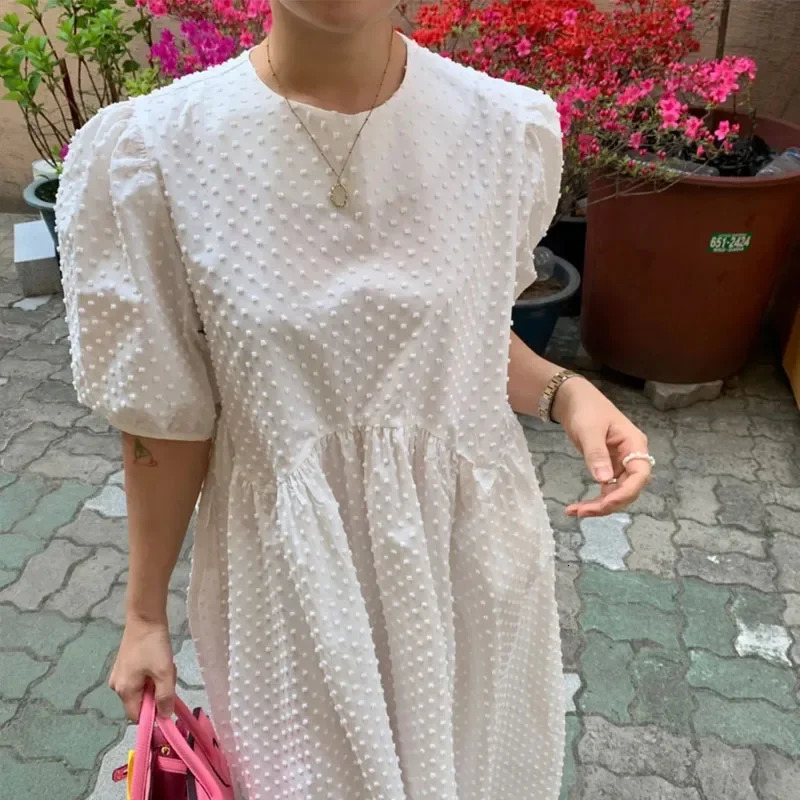 Women Long Dress Summer Casual O-neck Puff-Sleeve Party Dresses Dots Elegant Female Ladies Loose Vestidos Femme 9941 250704