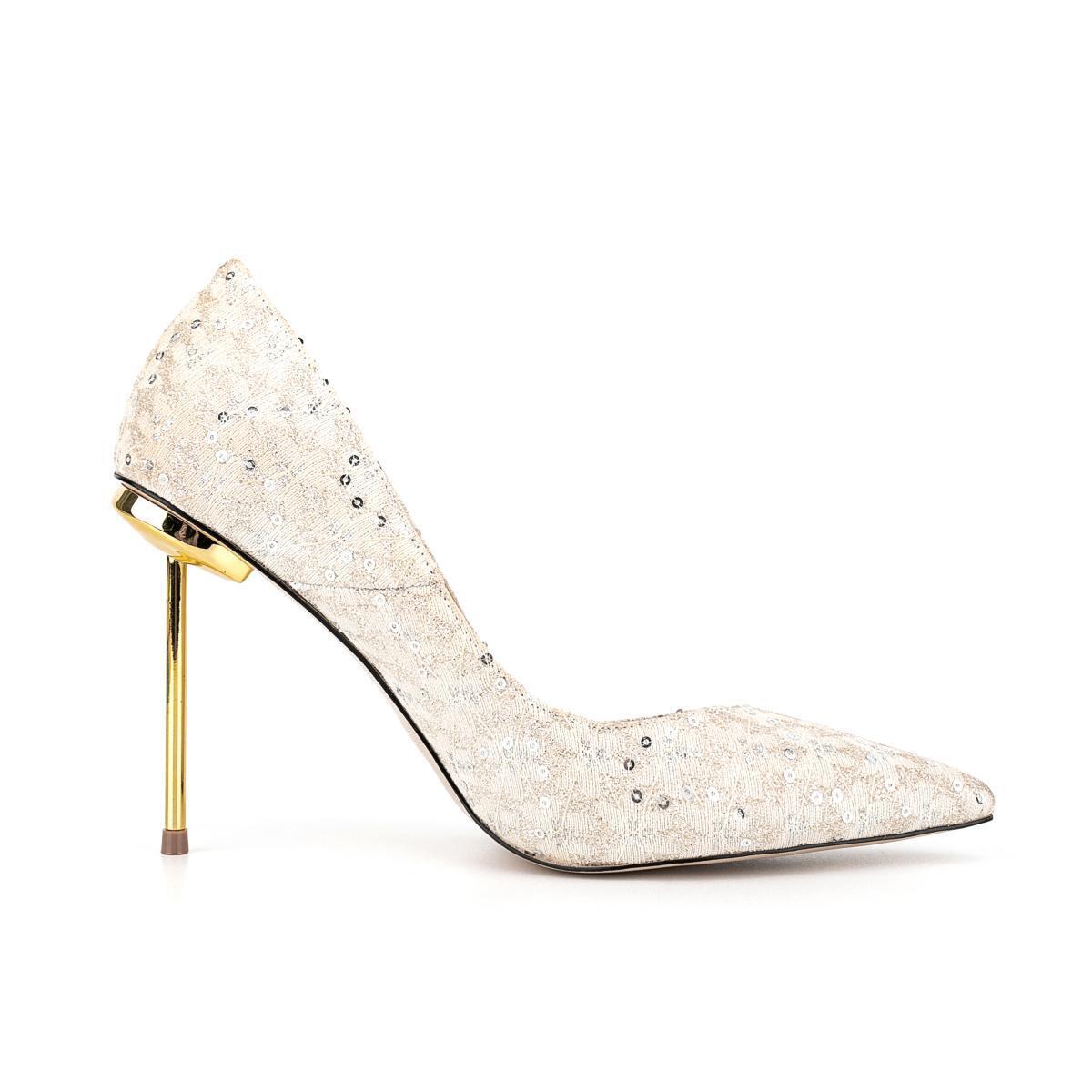 Sparkle Stiletto Pumps - Handmade Pointed Toe Dress Shoes with Glitter Fabric and Metal Heel XJ26309