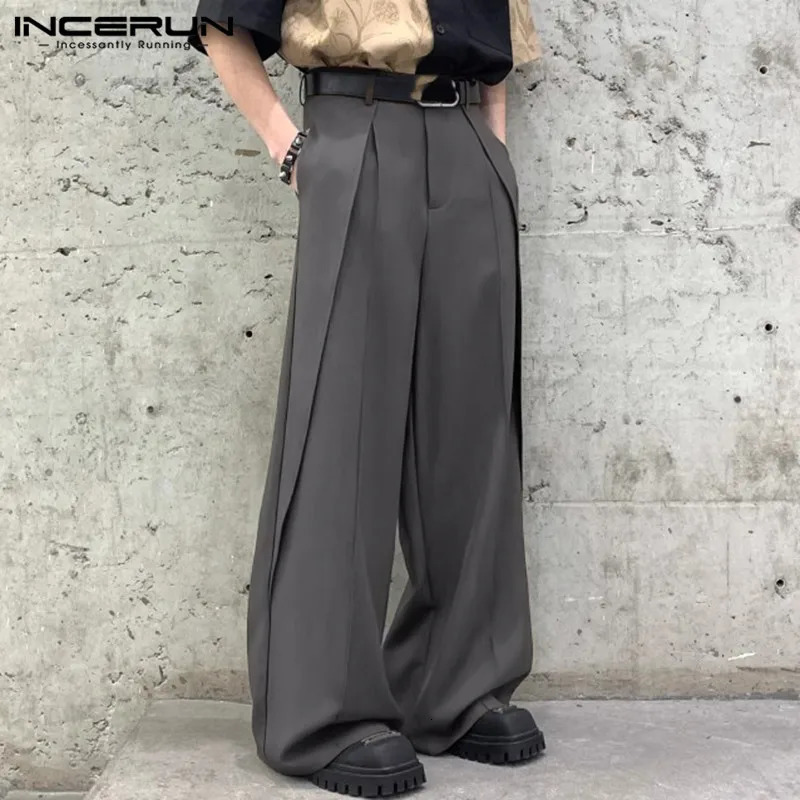 INCERUN Korean Style Mens Trousers Personality Cutting Wide Leg Pantalons Solid Leisure Streetwear Long Pants S-5XL 250704