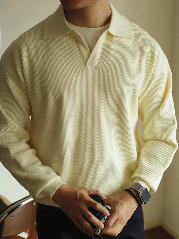 Fall Casual Sweater Mens Knitted Polo Shirts Long Sleeve Turn-down Collar Tops Men Vintage Knitwear Solid Color Tops 250704