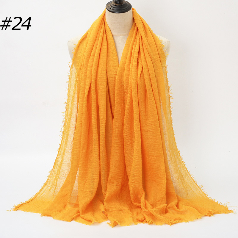 K1242 Hot sale wrinkled solid color cotton headscarf factory source cotton and linen wrinkled fur edge ladies scarf BS414