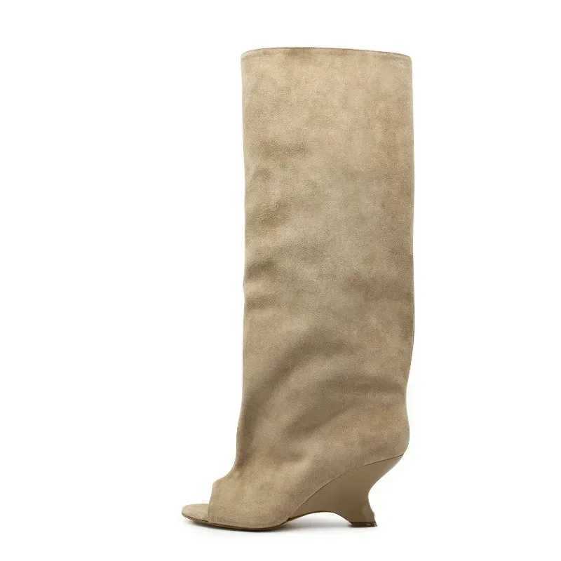 2025 Womens Fish Mouth Thick High Heels Knee Length Cool Boots Slant Heel Fashion Show Large Size Spring/Summer Womens Boots Z250704