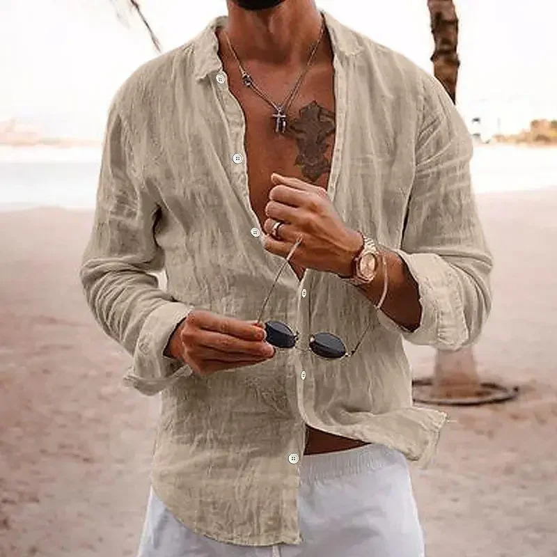 2025 SpringAutumn Style Loose Long Sleeve Linen Comfortable Mens Shirt Solid Color Turn-Down Collar Casual British Style 250704