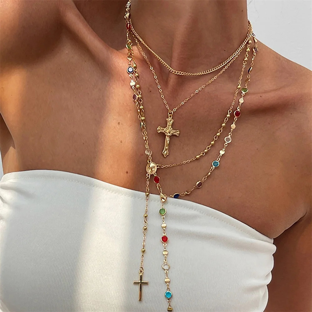 3Pcs Unique Cross Pendant Necklace Set for Women Simple Crystal Necklace Sweater Chain Long Y-shaped Necklace Y2K Party Jewelry 250701