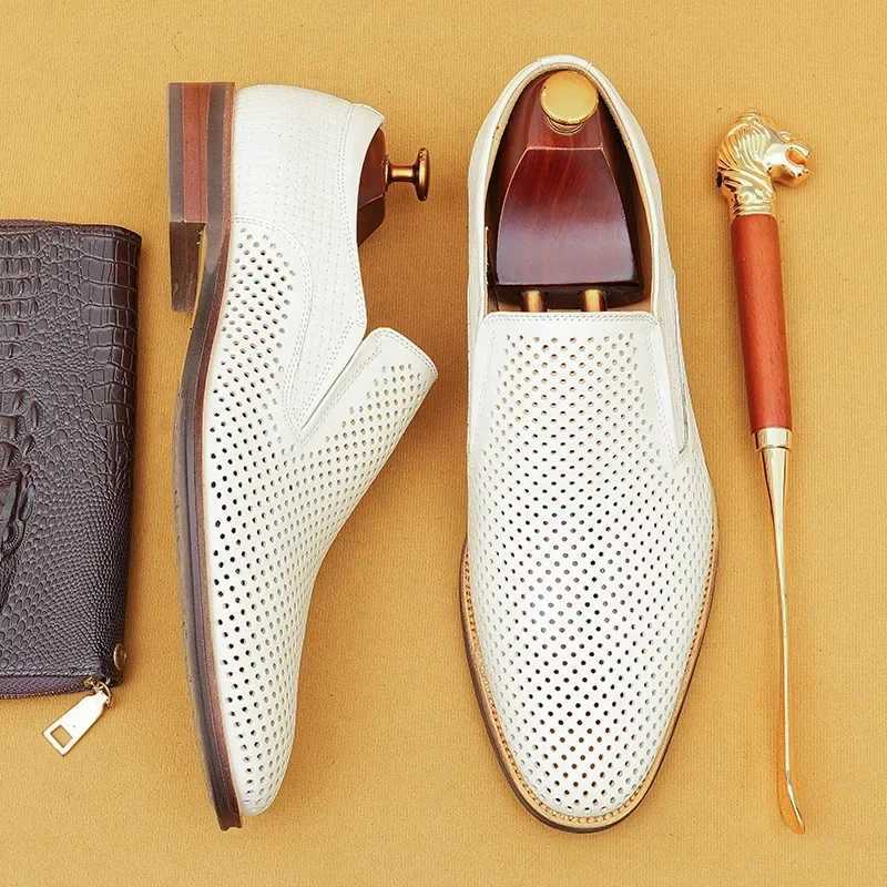 Mens Summer Breathable Dress Shoes Luxury Genuine Leather 2024 Designer Hollow British Style Black Wedding Shoes Loafers for Men W250705