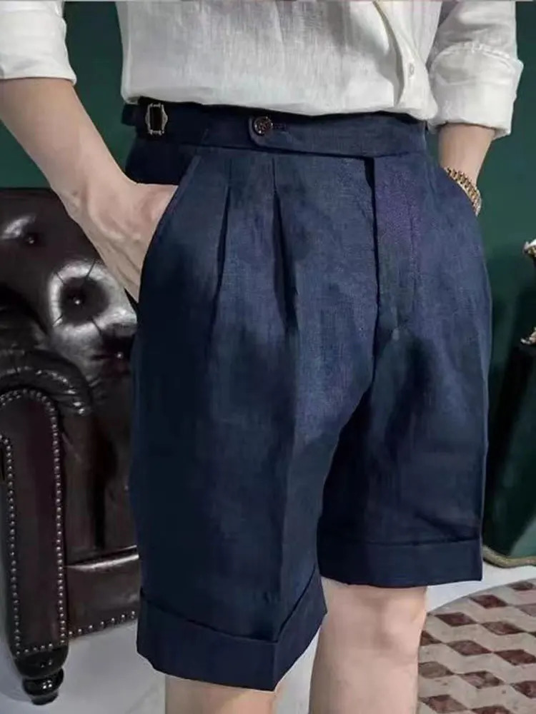 British Style Men Naples Cotton Linen Shorts Paris Waist Buckle Knee Length Trouser Summer High Quality Casual Loose Shorts 250704