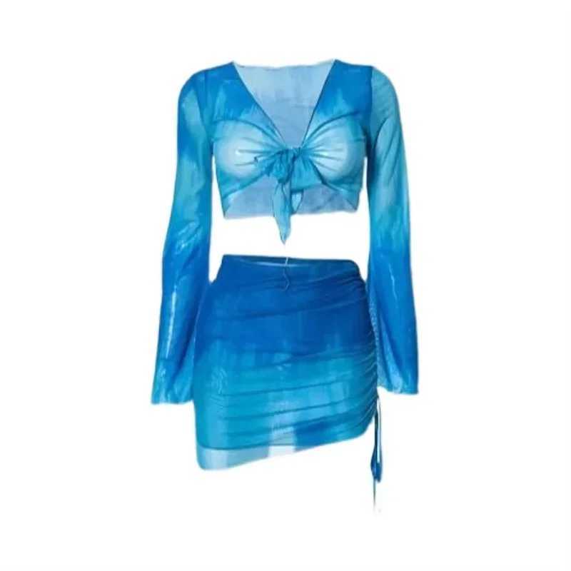 4 Piece Bikini Set Women Blue Tie Dye Mesh Long Sleeve Cover Up with Pleated Skirt Swimsuit Beach Bathing Suit Swimwear XJ250624