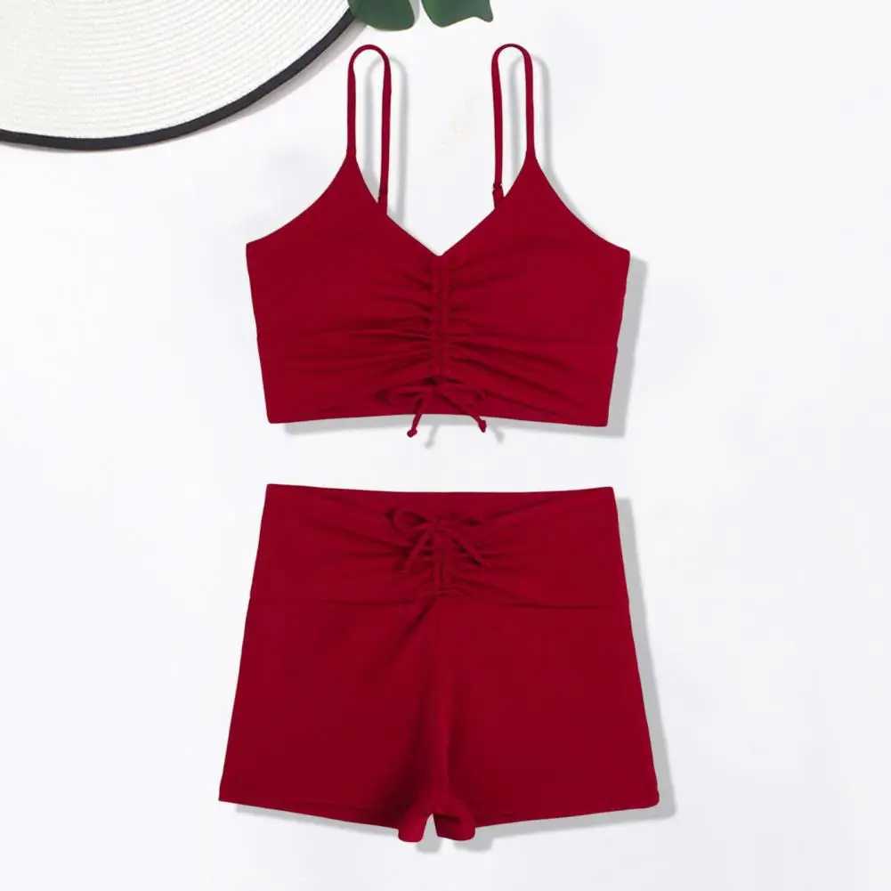 2 Pcs/Set Women Bikini Set Flower Print V Neck High Waist Drawstring Elastic Swimming Pleated Lady Swimsuit Water Sports Clothes XJ250624