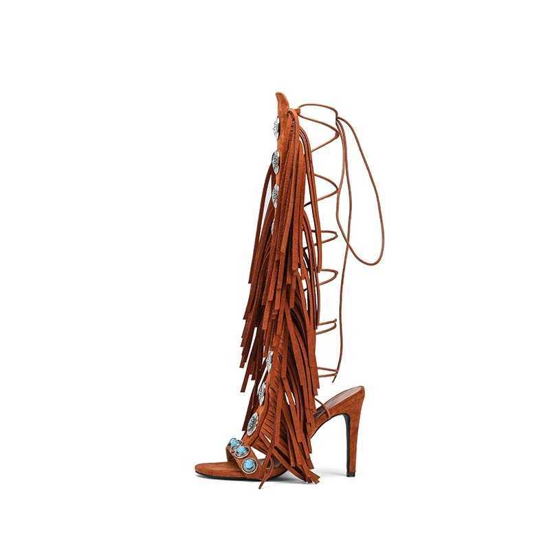 2025 Summer Cow Suede Leather Women Sandals Peep Toe Sexy Lace Up Knee High Shoes Zapatos De Mujer High Heels Z250704
