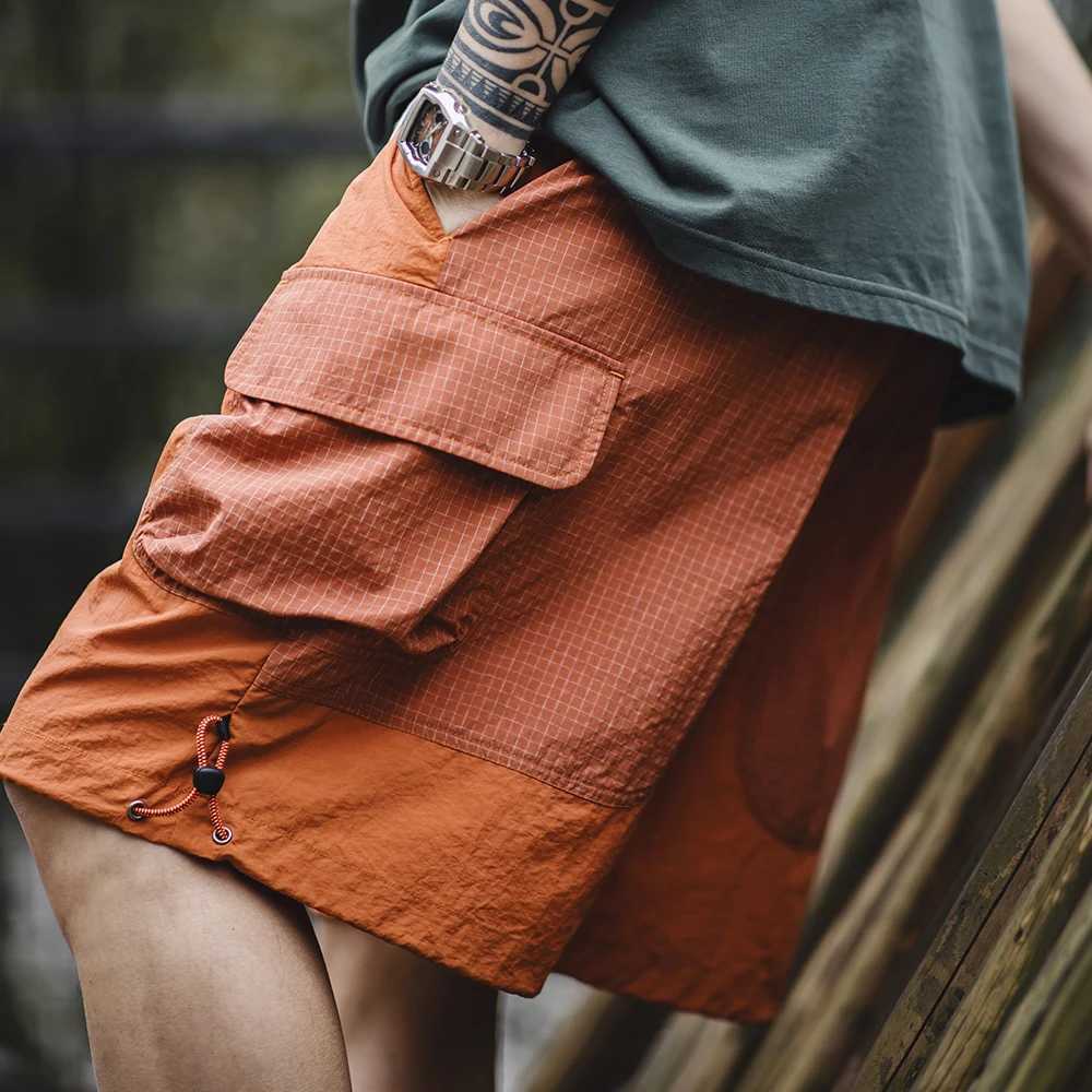 Madon Summer Men Straight Shorts Orange Patchwork Gingham Loose Beach Pants Plus Size Shorts Elastic Waist Light Breathable W250705