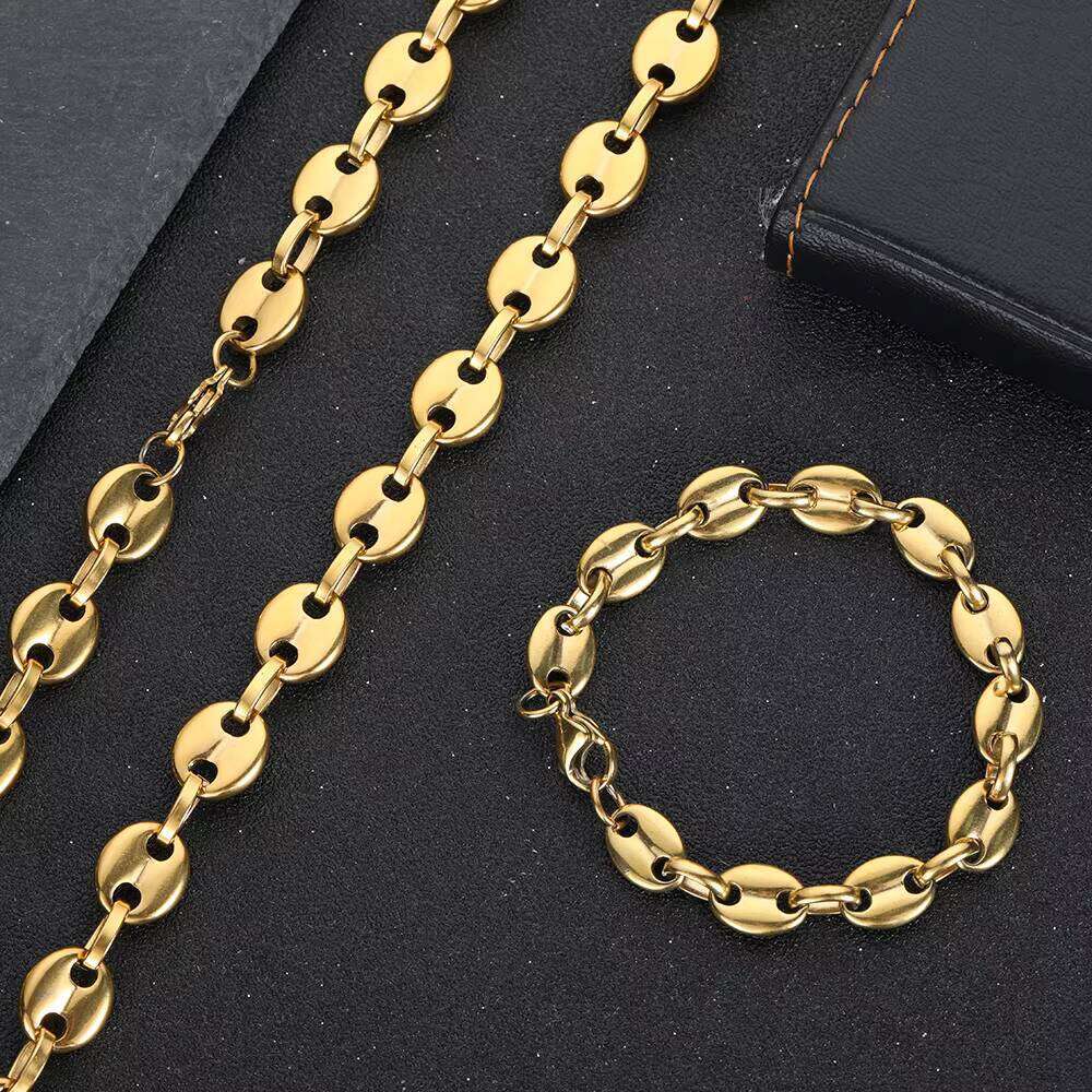 Nuoya Fashion Hip Hop Jewelry Gold Plated Men Stainless Steel Coffee Bean Link Chain Necklace