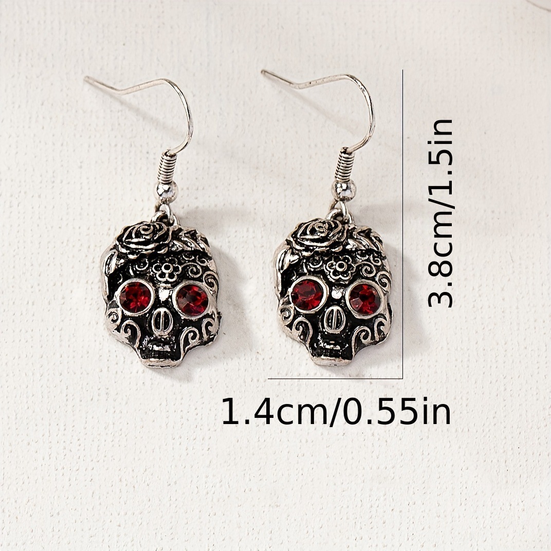 A Pair Of Cute Hip-Hop Red-Eyed Skull Pendant Earrings With Flower Pattern