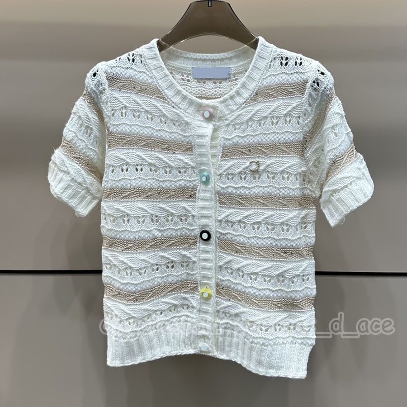 Luxury Charm Button Women Knits Designer Striped Color Contrast Color Sweater Tops Summer Vacation Street Knitted Top