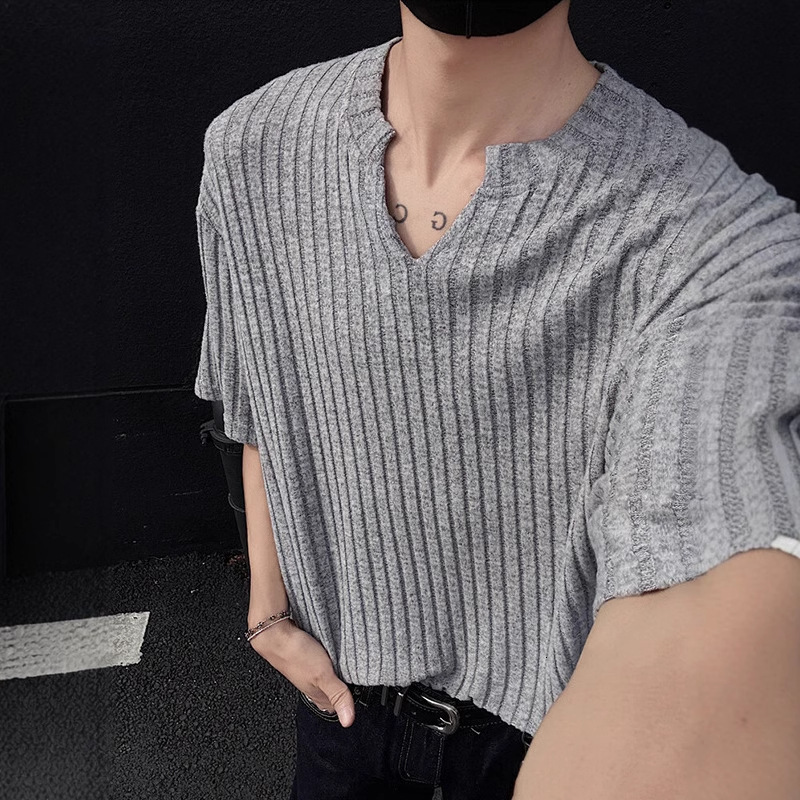 V-neck Designer Short Sleeves Brushed High-end Short Sleeve T-shirt For Men, Summer New Ribbed Five-point Sleeve Cleanfit Textured T-shirt