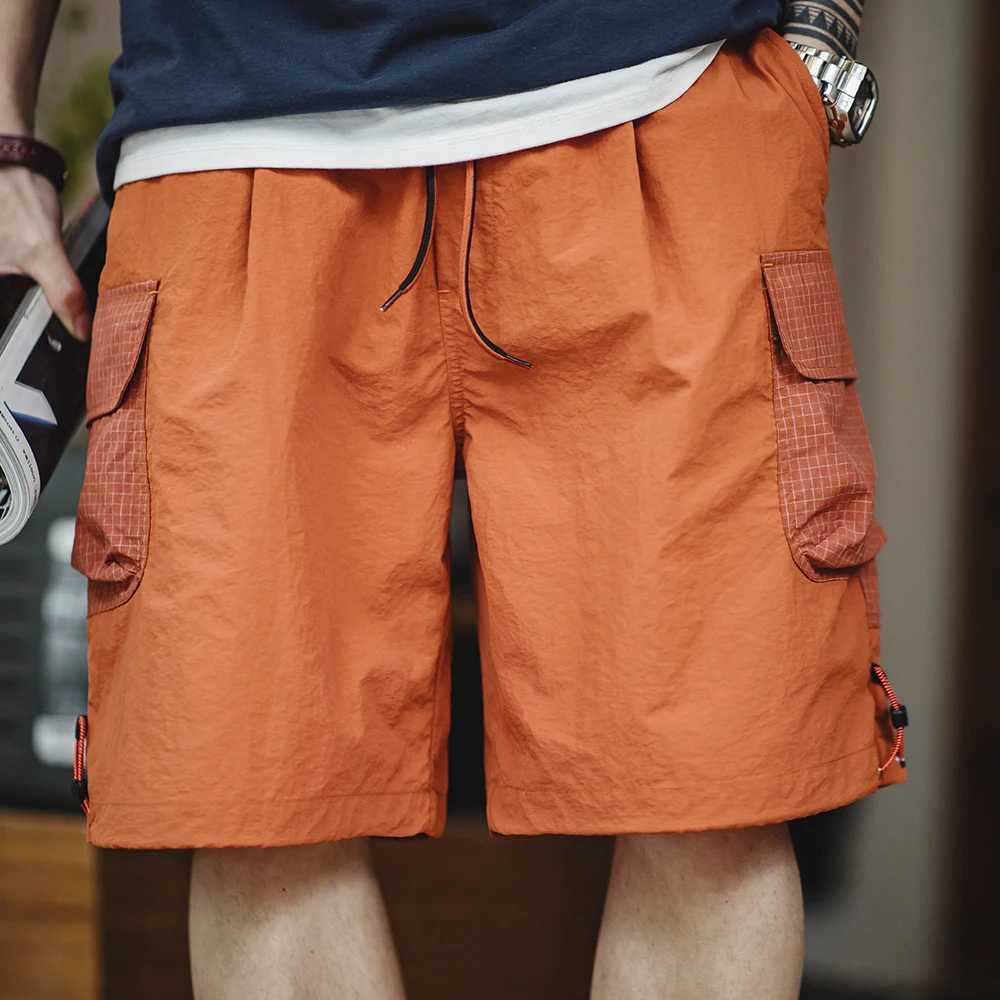 Madon Summer Men Straight Shorts Orange Patchwork Gingham Loose Beach Pants Plus Size Shorts Elastic Waist Light Breathable W250705