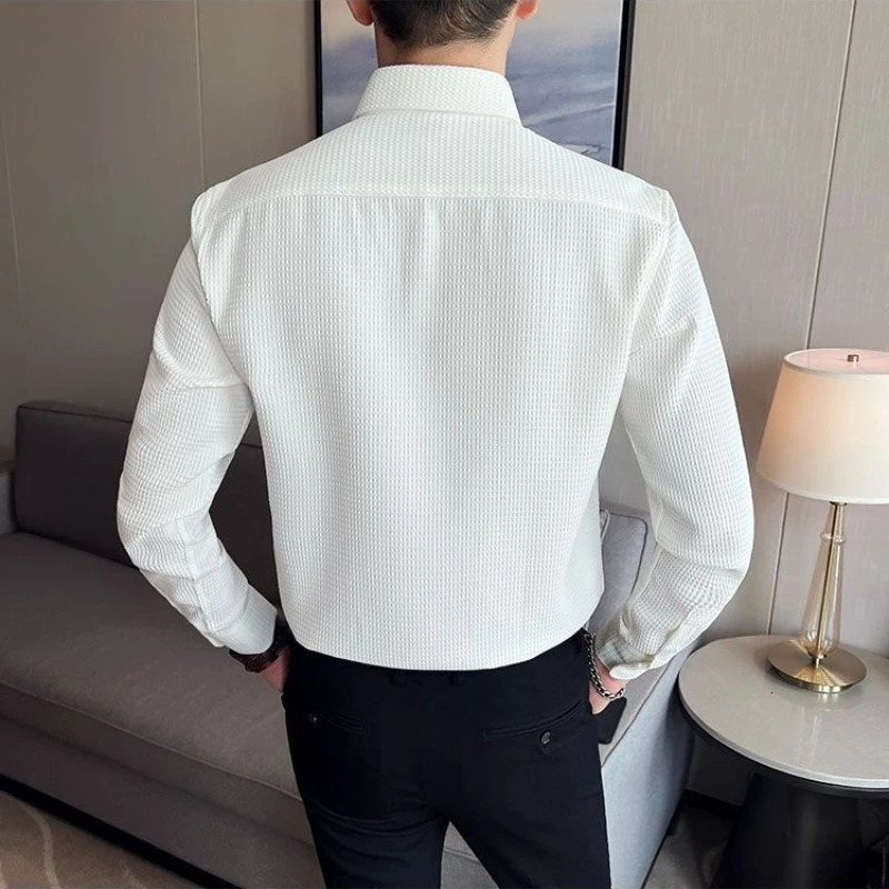 Waffle Spring Autumn Mens Shirt Casual and Slim Long Sleeve Solid Polo Neck Shirt Non Iron Wrinkle Resistant Business Tops 250704