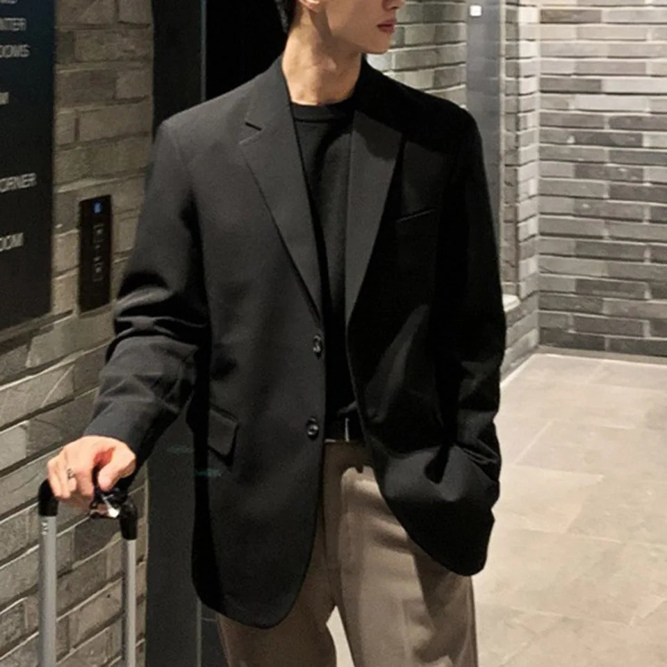 Mens Korean Casual Loose Solid Color Blazer Business Jackets Fashion Slim Fit Wedding Groom Streetwear Social Dress 250628
