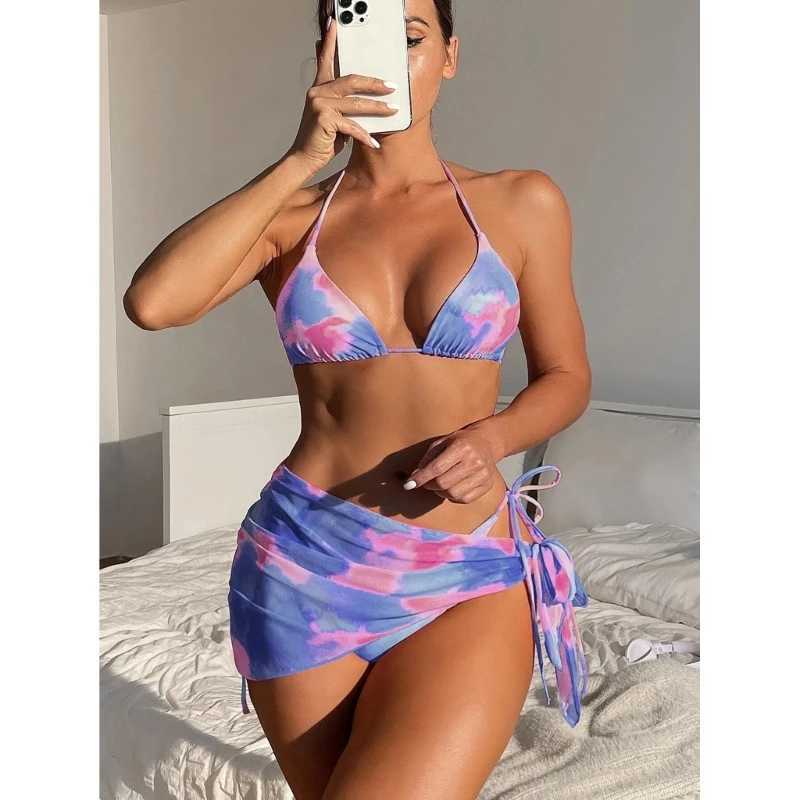 Fashion Tie Dye Bathing Suit for Women 3 Pieces Lace Up Swimsuit Halter Bikinis G99D XJ250624