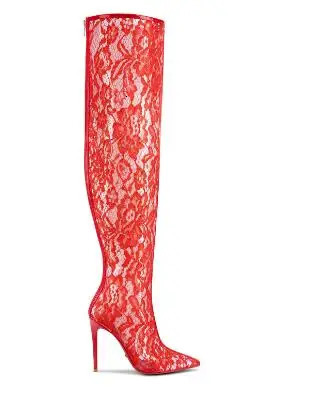 Summer Woman Black Blue Red Lace Clear PVC Air Mesh Pointed Toe 10 12 CM Thin Heels Over The Knee Boots Female Sexy Thigh Boots 250704