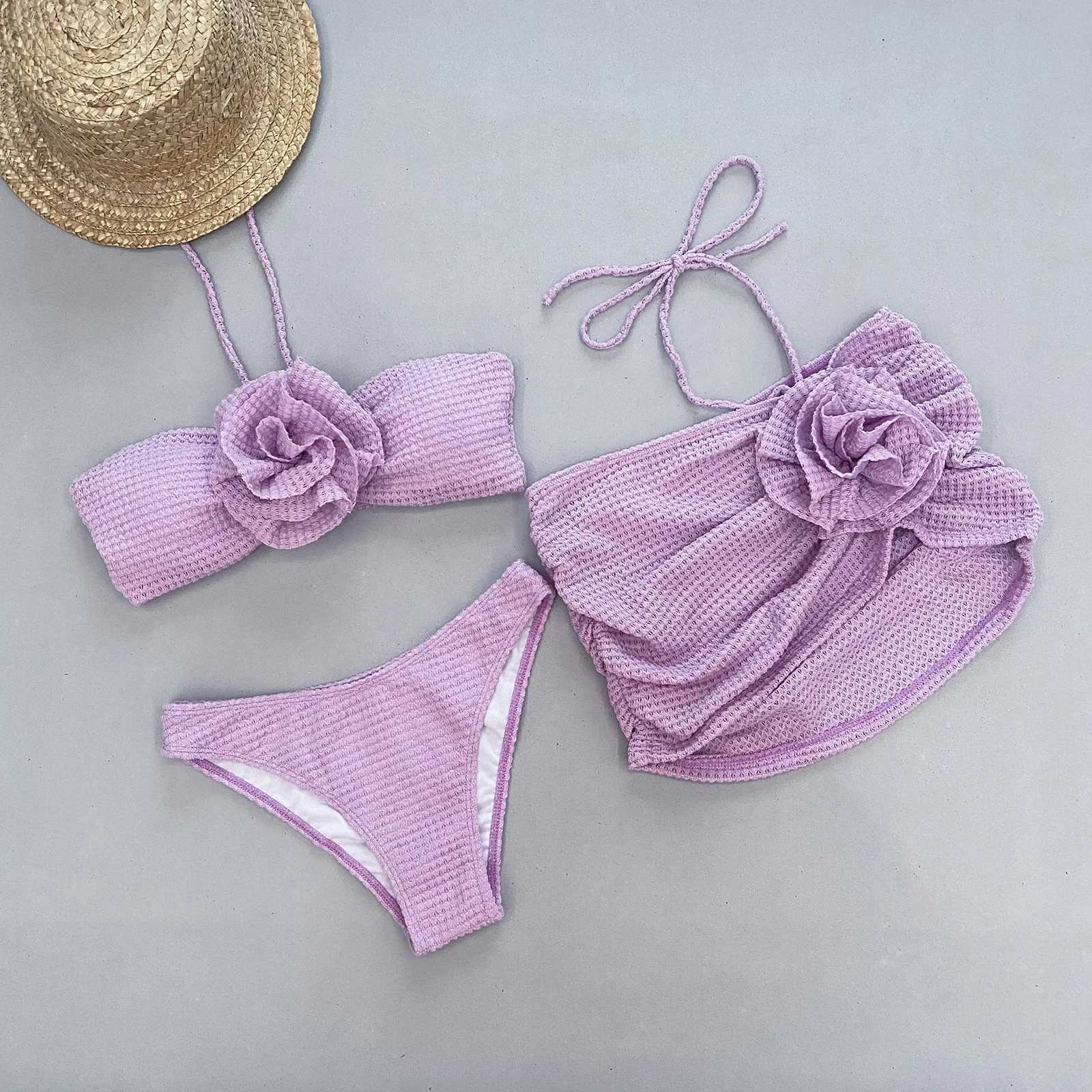 Women Sexy Brazilian Swimsuit Set Bathing Suit Halter Bra Briefs with Tie-up Skirt Female Triangle 2pcs Flower Bikini Clothes XJ250624