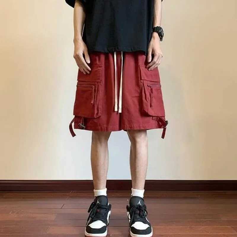 Loose Mens Bermuda Cargo Shorts with Draw String Short Pants for Men Elastic Waist Red Clothes Casual Distressed Beautiful Y2k W250705