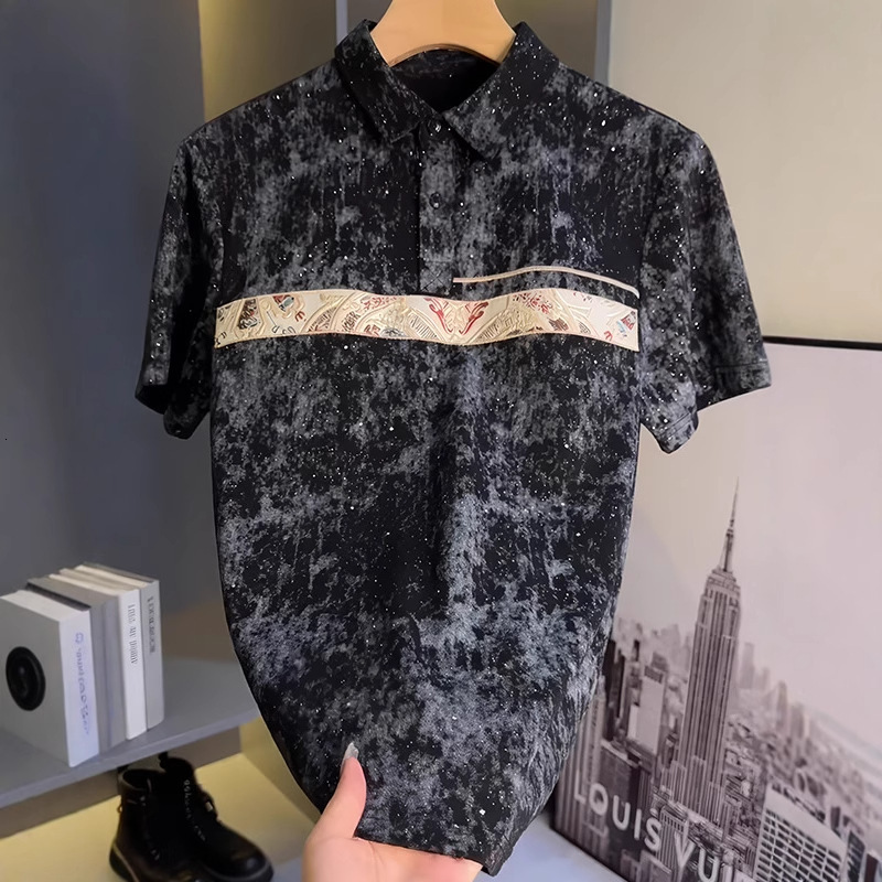 Summer New Starry Sky Tie-dye Embroidery Design Designer Short Sleeves Turn-down Collar Polo Shirt Men's Versatile Casual Slim Fit Short Sleeve T