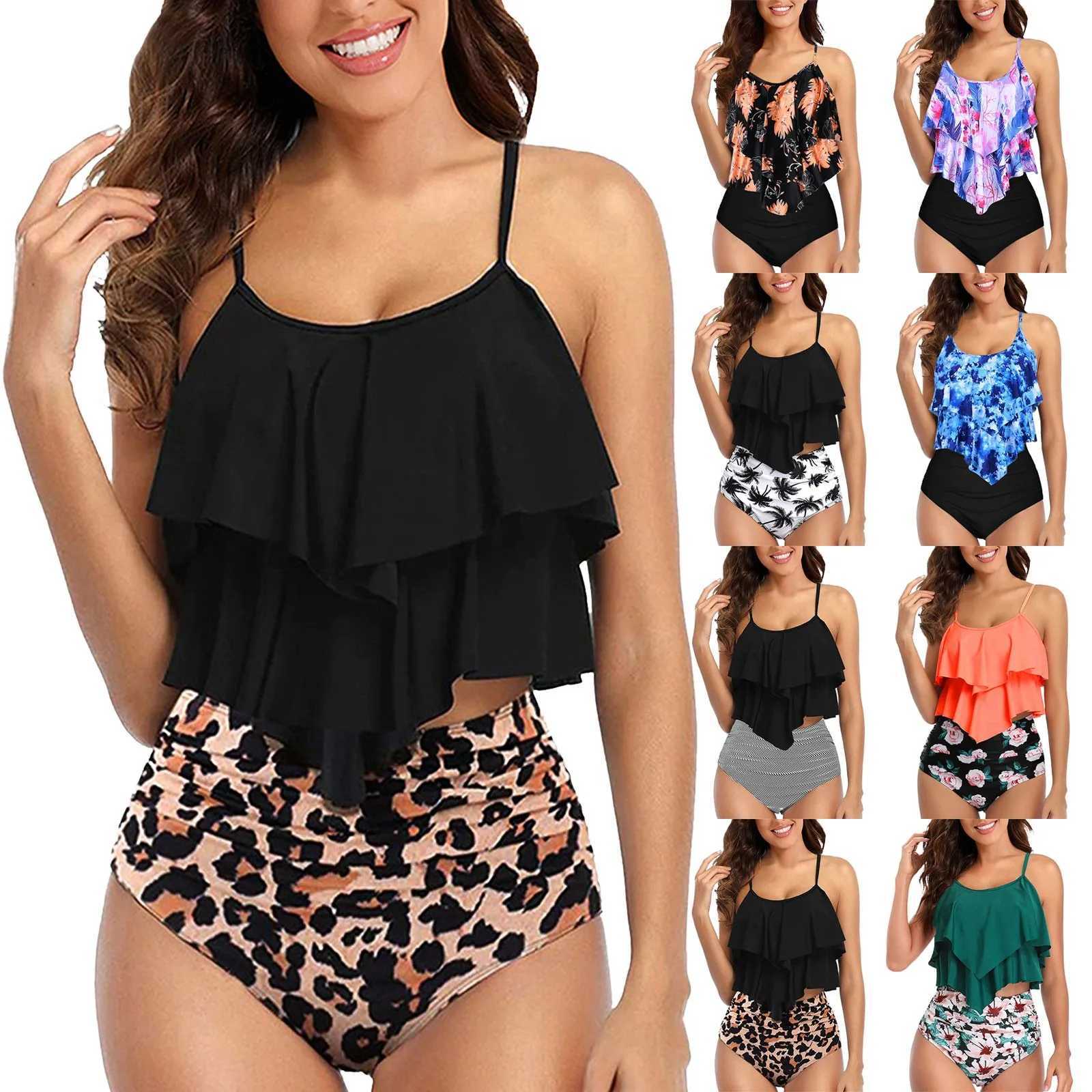 2 Pcs Women Monokini Sets Leopard Split Conservative Bathing Suits Ruffles Hem Tank Tops With Bikini Bottoms Beachwear Swimsuit XJ250624