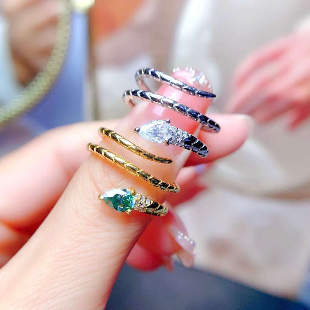 New Luxury Imitation Moissanite Water Drop for Women, Ring, Fashionable and Unique Versatile Wrapped Snake Open Ring a48