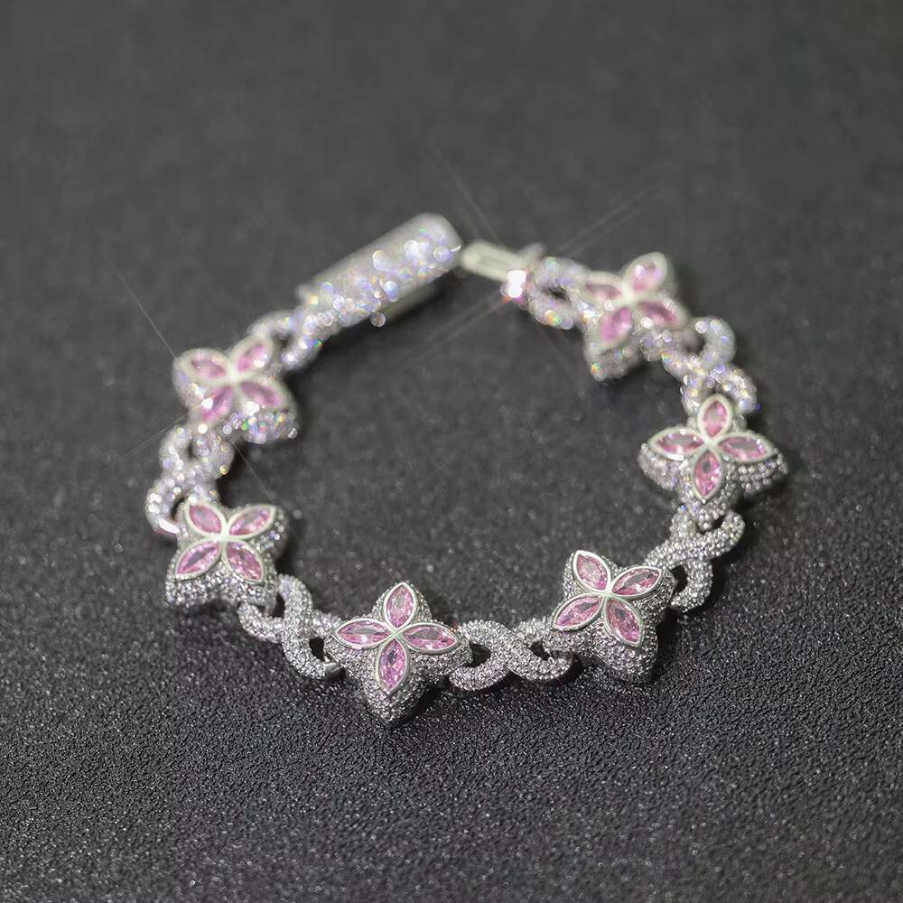 New Style 8mm Hip-Hop Jewelry Colorful Four Leaf Clover Chain Silver Plated Brass 5A Moissanite Cuban Chain Bracelet for Women