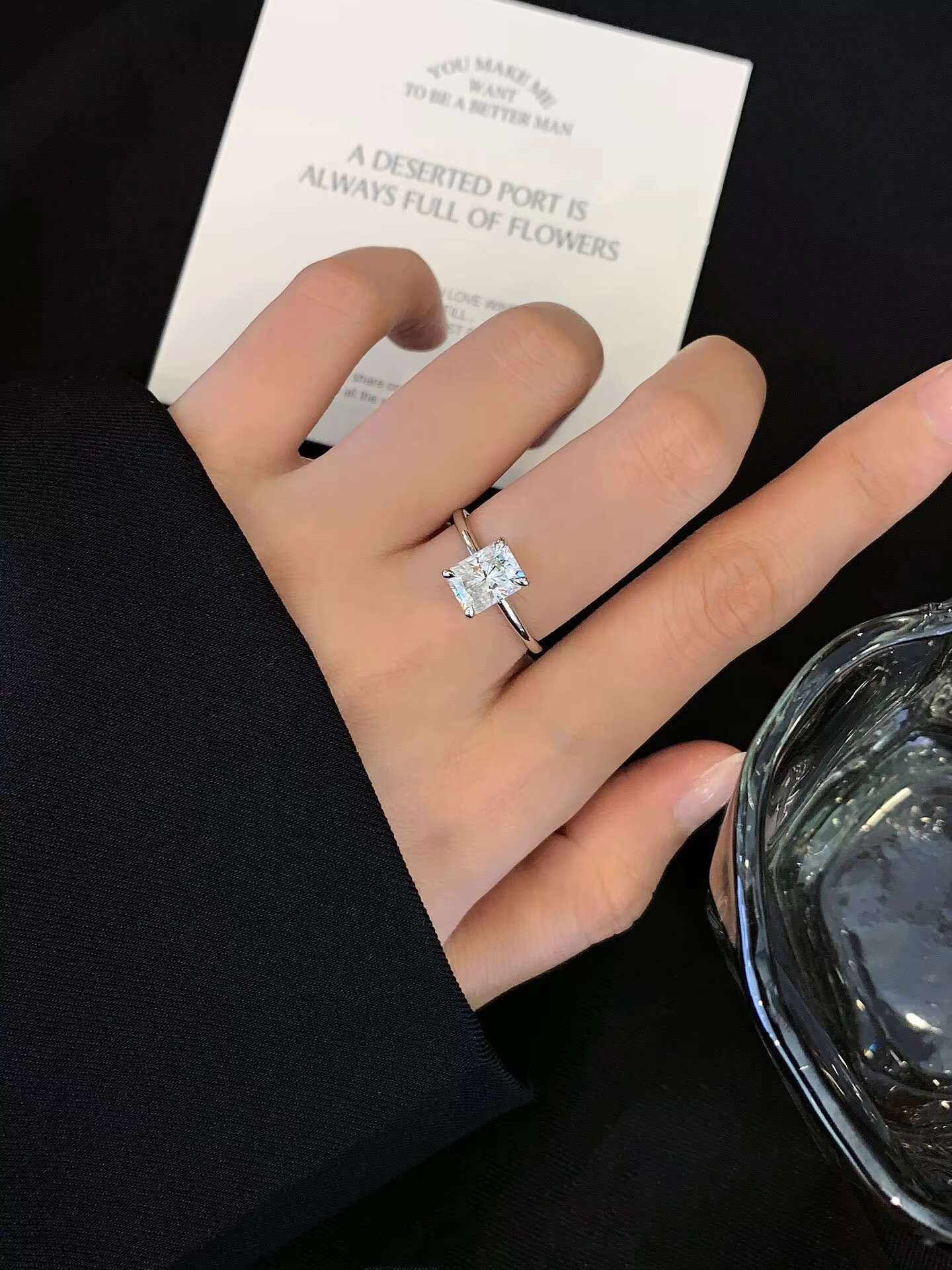 FineJewelry Simple Design 18K White Gold 1ct Radiant Cut Moissanite Diamond Solitaire Engagement Wedding Ring for Women