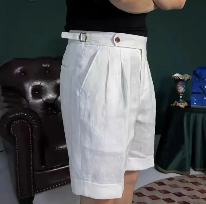 British Style Men Naples Cotton Linen Shorts Paris Waist Buckle Knee Length Trouser Summer High Quality Casual Loose Shorts 250704