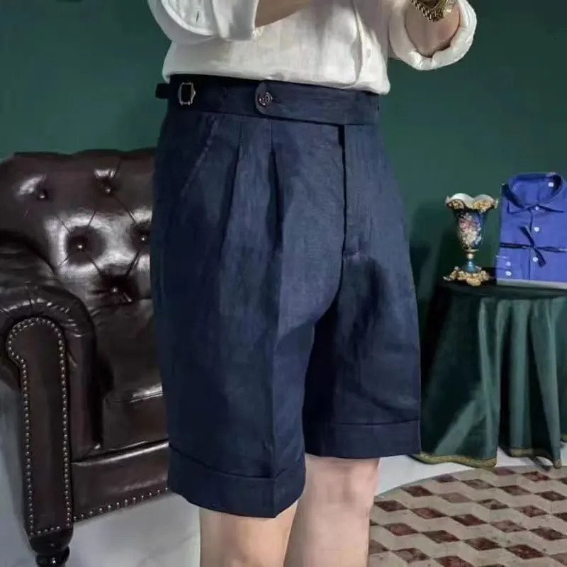 British Style Men Naples Cotton Linen Shorts Paris Waist Buckle Knee Length Trouser Summer High Quality Casual Loose Shorts 250704