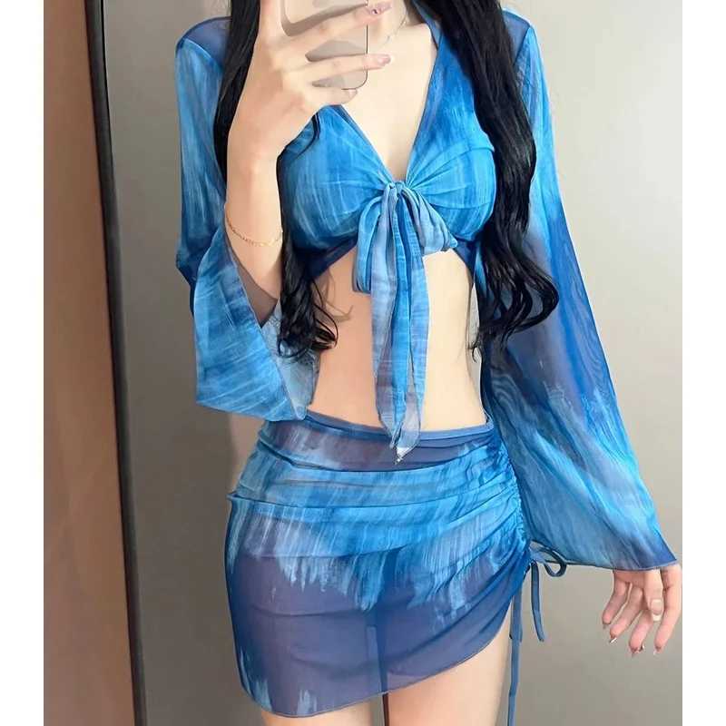 4 Piece Bikini Set Women Blue Tie Dye Mesh Long Sleeve Cover Up with Pleated Skirt Swimsuit Beach Bathing Suit Swimwear XJ250624