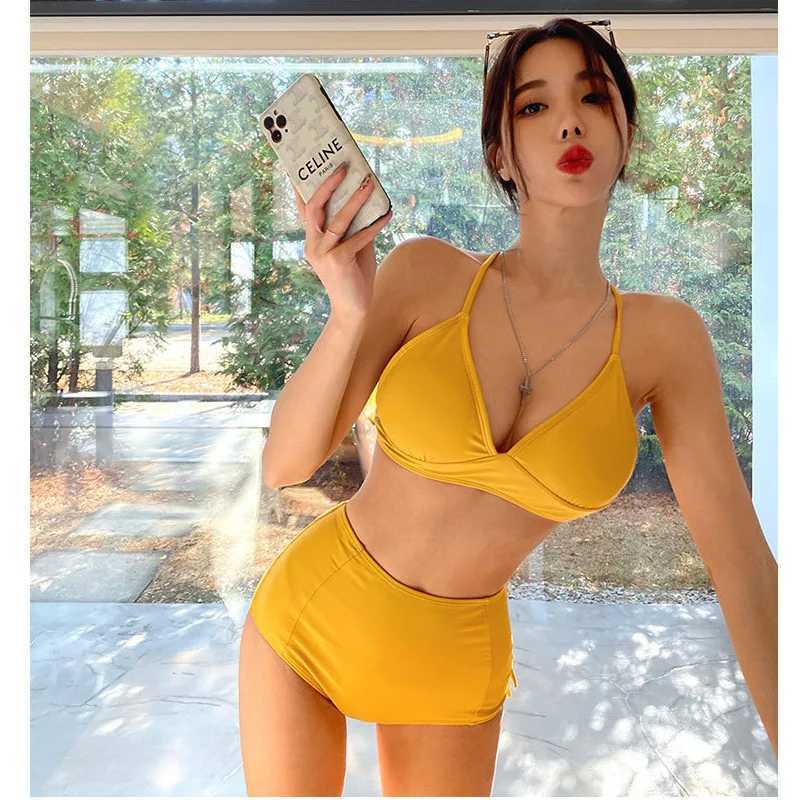 Sexy Two-Piece Bikini Swimsuit High Waist Triangle for Women Golden Yellow Cross-Border Hot Spring Swimwear Female Swimwear XJ250624
