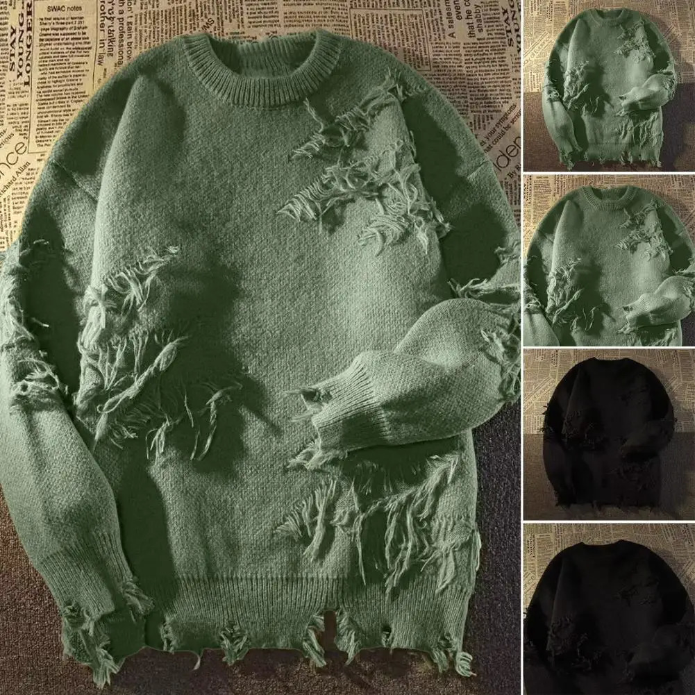 Men Sweater Ripped Men Sweater Vintage Hip Hop Mens Sweater Ripped Knitted Pullover with Warm Elasticity for Fallwinter 250704