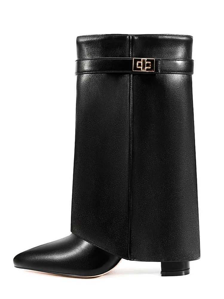 2025Autumn and Winter New Pointed Metal Knee High Womens Boots Thick High-heeled Pants Boots Fashionable Mid Leg Boots Z250704