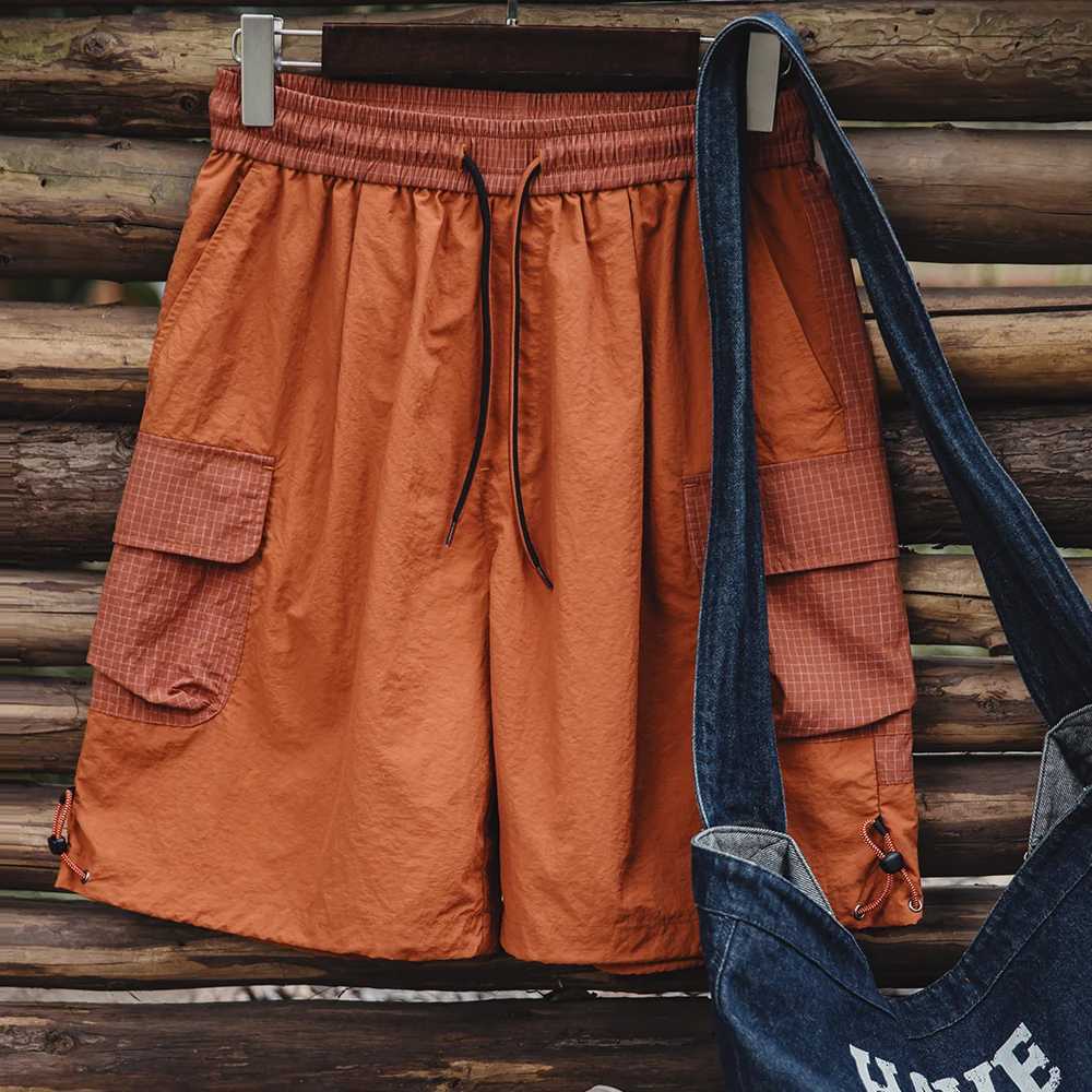 Madon Summer Men Straight Shorts Orange Patchwork Gingham Loose Beach Pants Plus Size Shorts Elastic Waist Light Breathable W250705