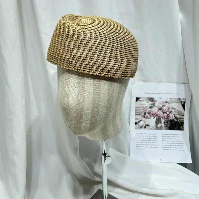 Women Vintage Straw Beret Hat Summer Fedora Sun Cap Hostess Pillbox Millinery Fascinator Base Wedding Cocktail Party 250703