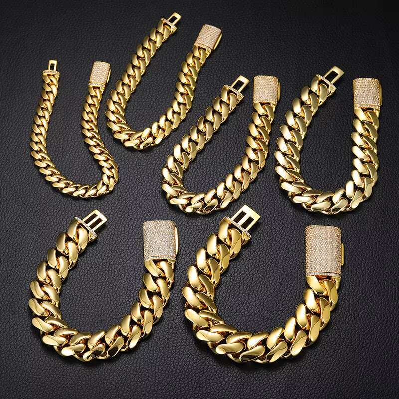 Hip-Hop Style Large Size Cuban Chain Bracelet Gold Plated Copper Full Zircon Multi-Size Cuban Bracelet for Men