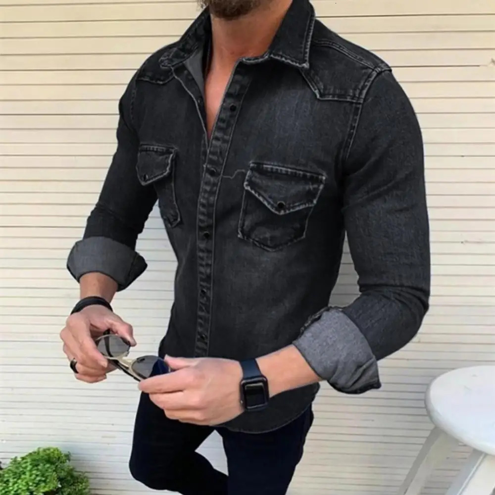 Fashion Long SLeeve Slim Fits Lapel Collar Pockets Denim Shirt Casual Mens Top denim shirts 250704