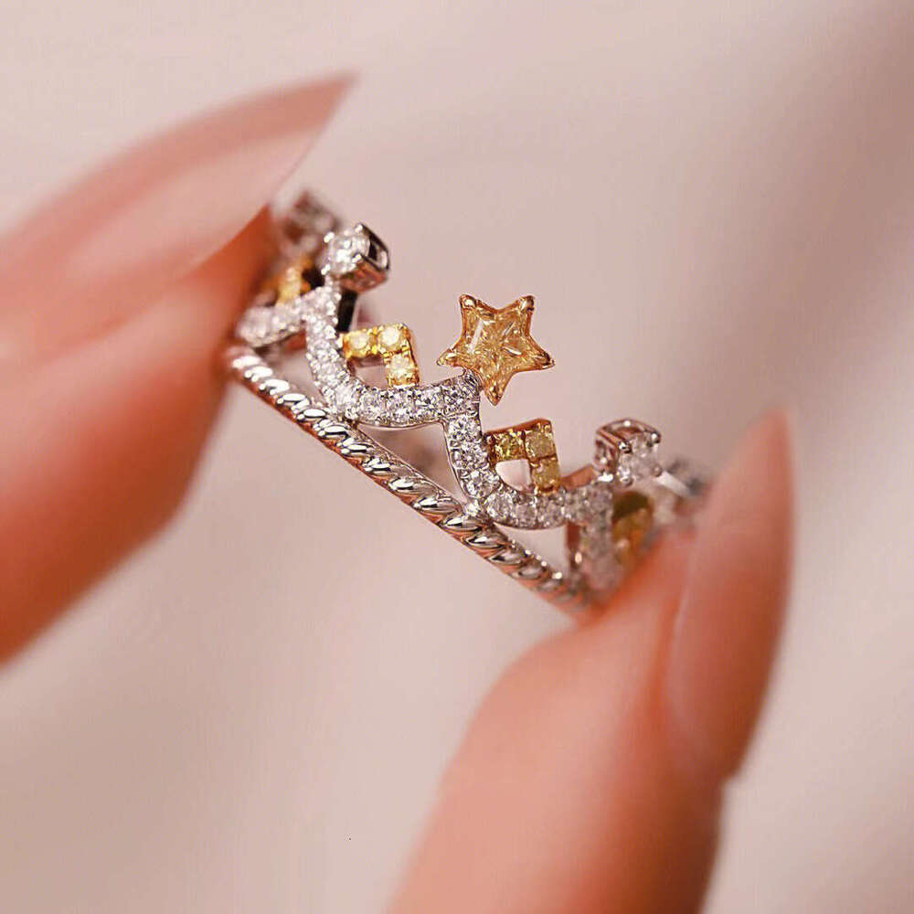 TikTok Live New Inlaid Imitation Asscher Yellow Diamond Pentagram PT950 Princess Crown Ring d82