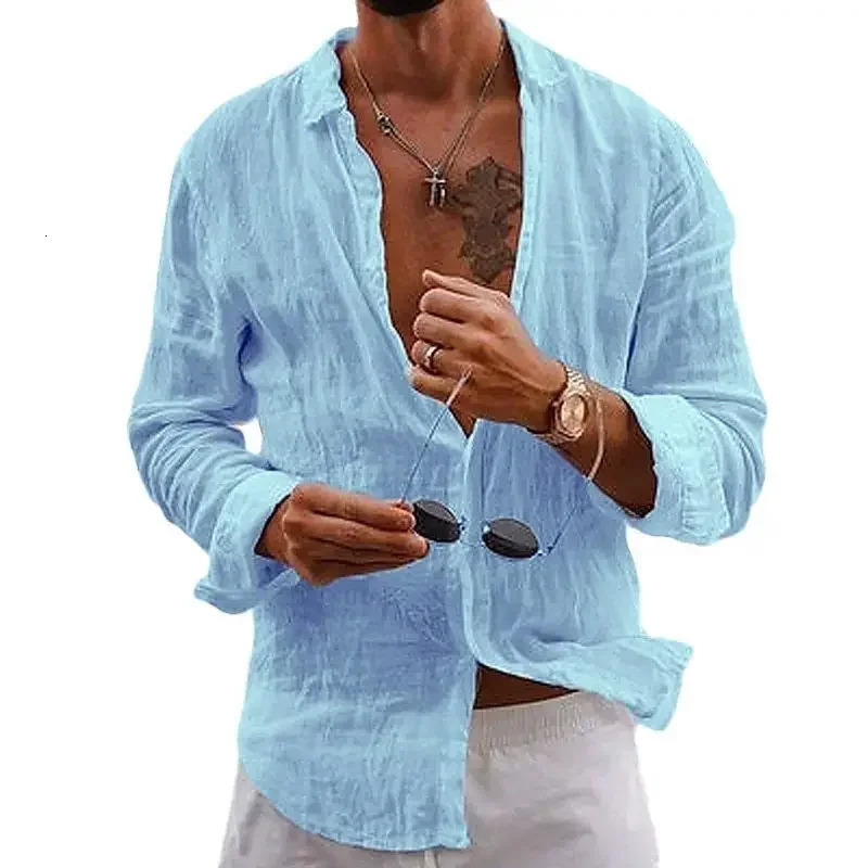 2025 SpringAutumn Style Loose Long Sleeve Linen Comfortable Mens Shirt Solid Color Turn-Down Collar Casual British Style 250704