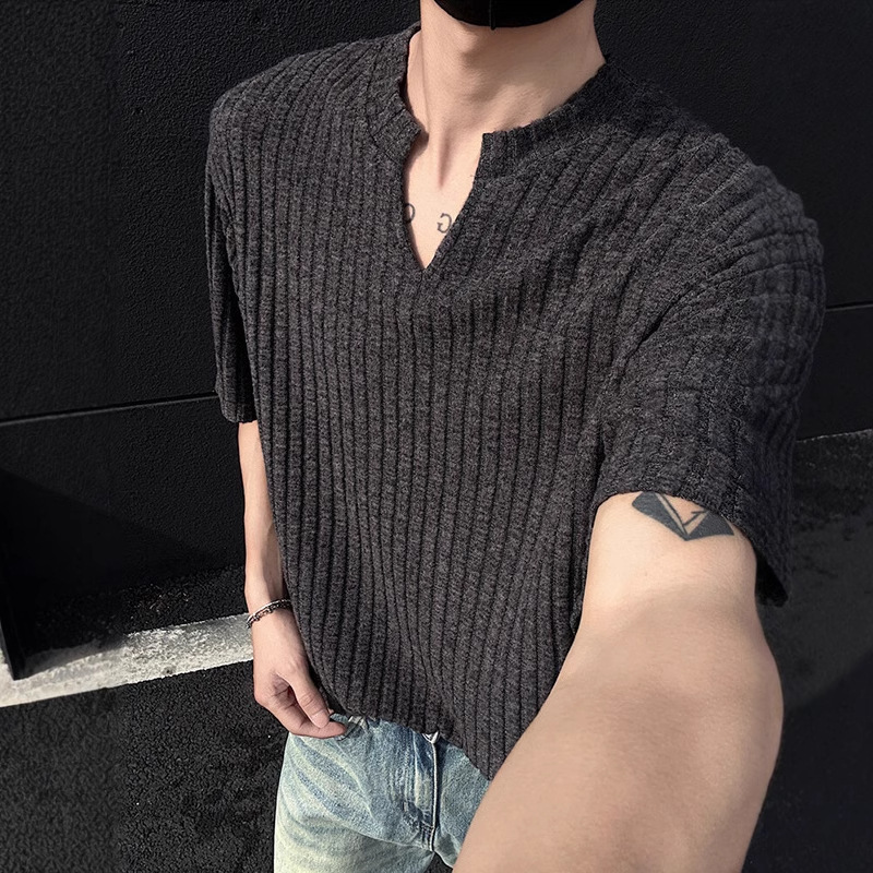 V-neck Designer Short Sleeves Brushed High-end Short Sleeve T-shirt For Men, Summer New Ribbed Five-point Sleeve Cleanfit Textured T-shirt