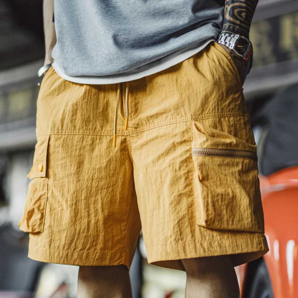 Maden Outdoor Yellow Cargo Shorts Mens Summer Quick-Dry Lightweight Sports Shorts with Drawstring Waist Multi-Pocket Bottoms W250705
