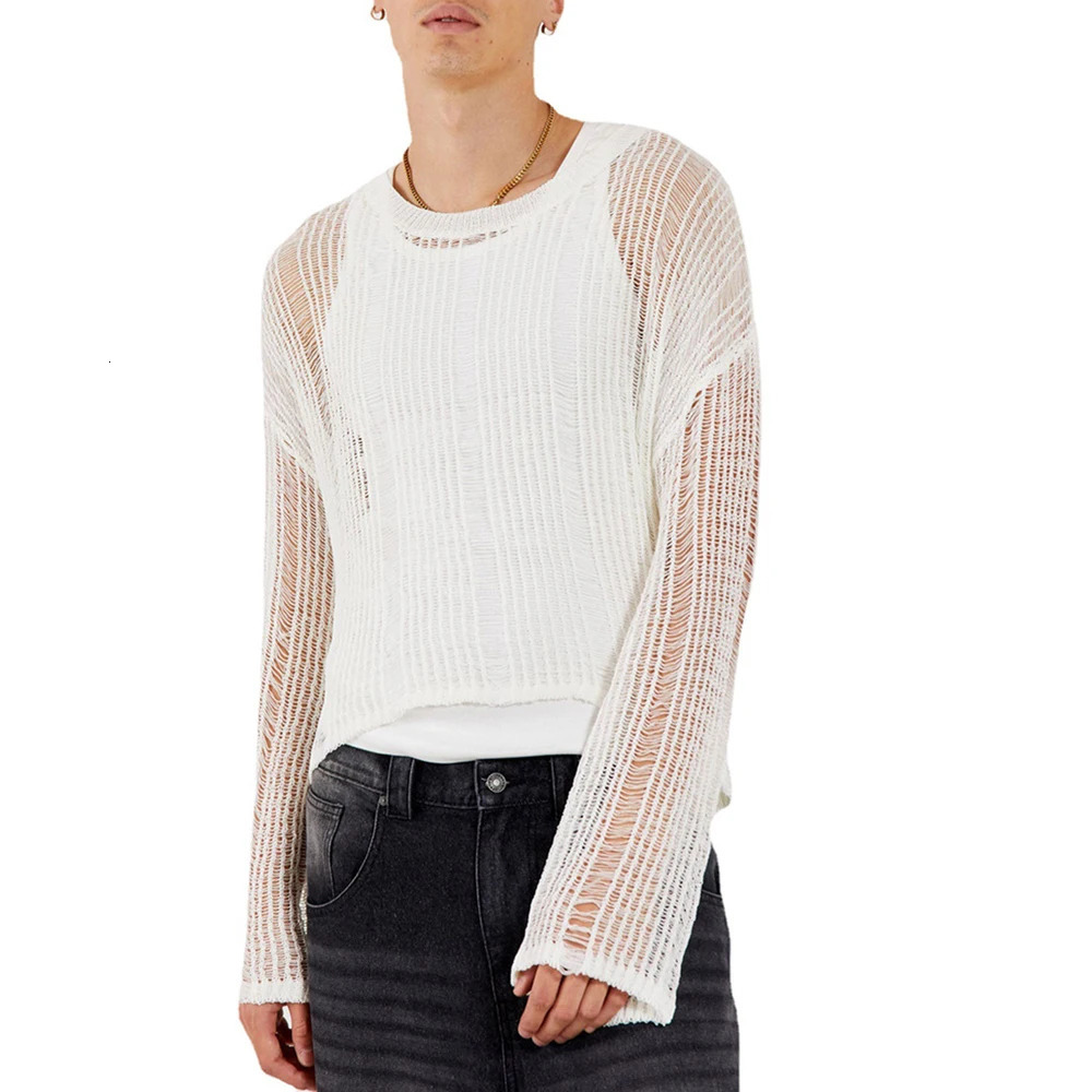 Spring Autumn Sweater T-shirts For Men Elastic Hollow Slinghtly Transparent Long Sleeve Loose Versatile Knitting Tees Tops 250704