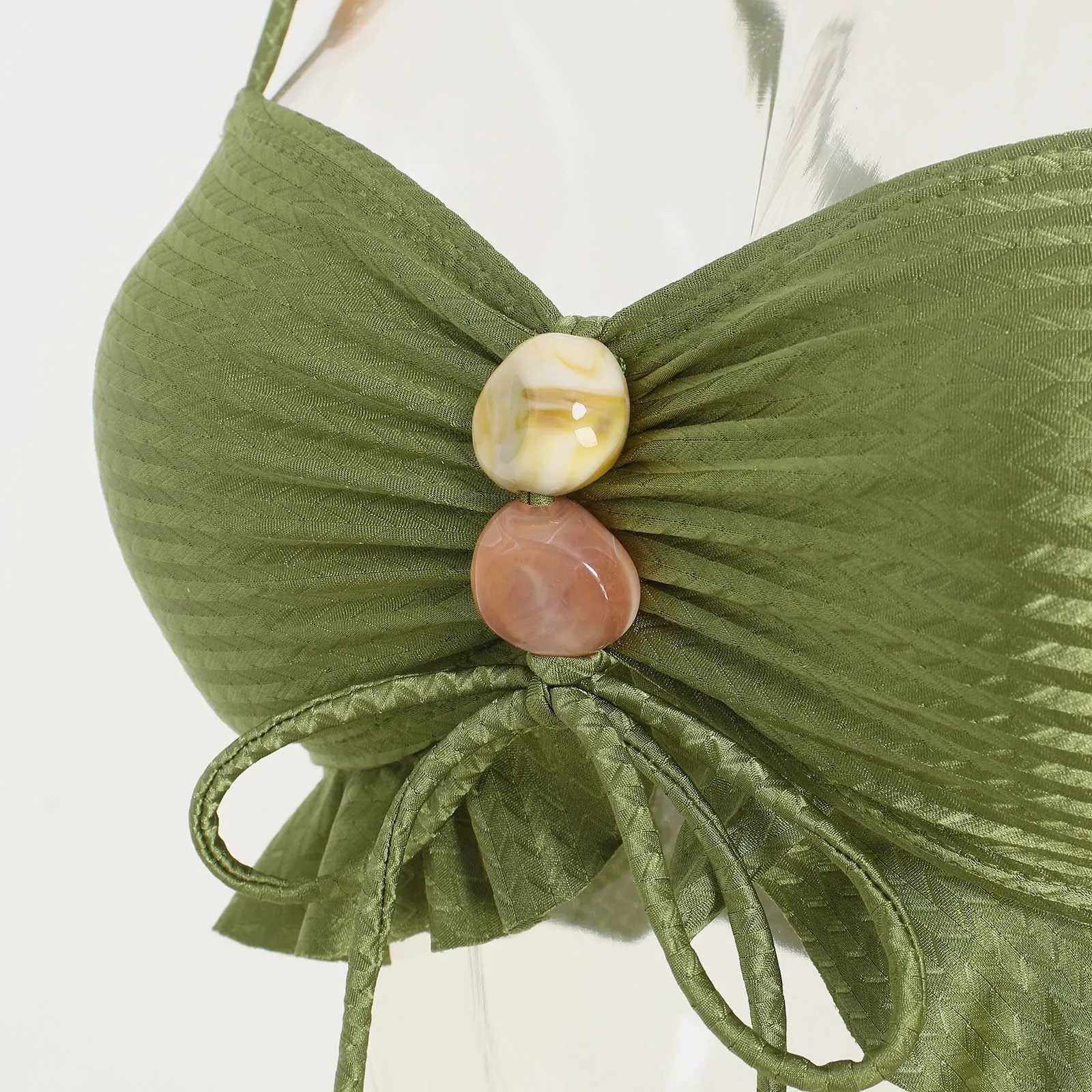 2025 Womens Bikini Sets Two Piece Swimsuit Bandeau Ruffle Hem Drawstring Bikini High Waisted Bathing Suit Summer Beach Wear XJ250624