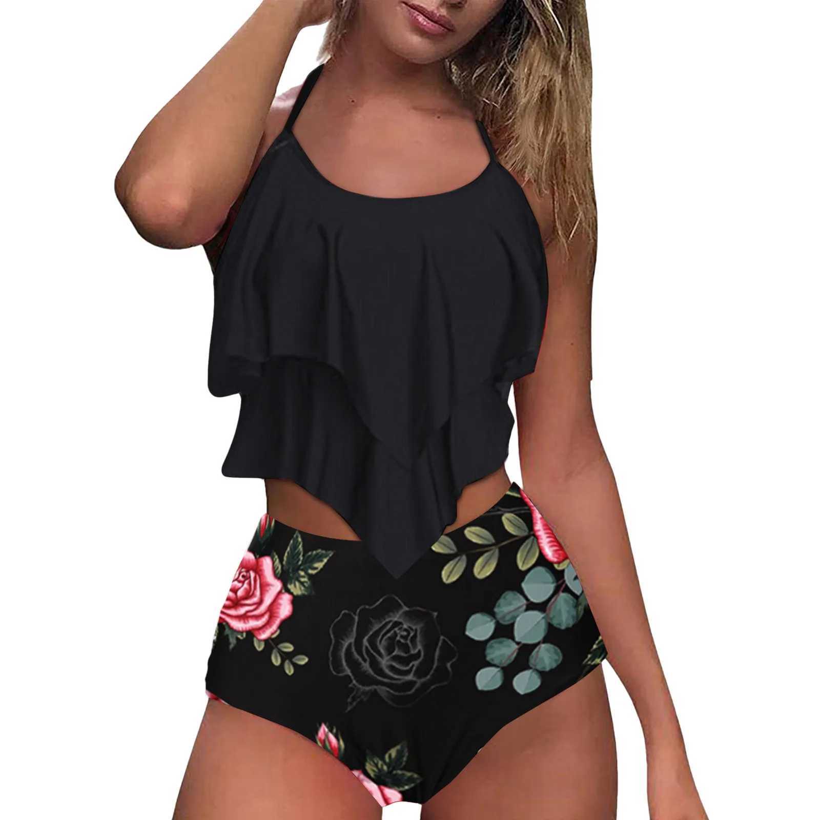 Bikini High Waist Bikini Floral Print Tankini Swimsuit Brazilian Ruffle Swimsuit Large Size Swimwear Women Bathing SuitsXJ250624